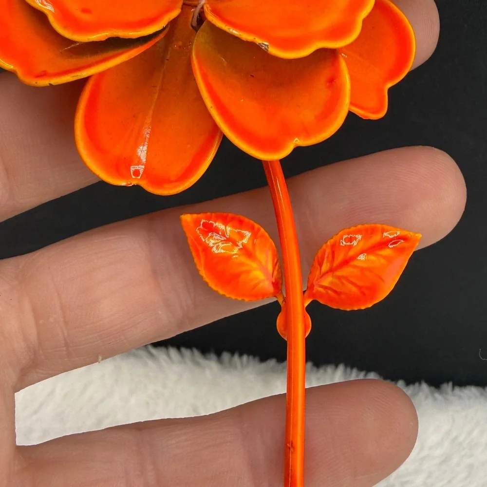 Vintage Enamel Flower Brooch Mod Pop Orange Layered Petal Retro